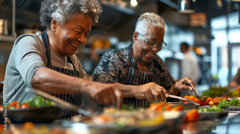 Senior black couple attending cooking class, following instructions, trying new recipes Senior black couple attending cooking class, following instructions, trying new recipes