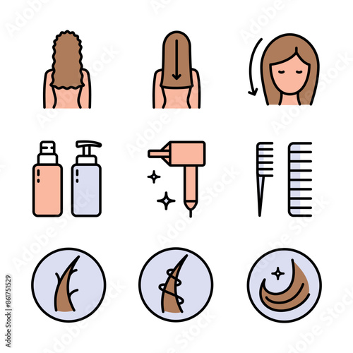 Hair straightener icons set for hair care treatment and beauty or woman salon, flat vector. Hair straightener appliance for female haircut straightening and haircare cosmetic treatment symbols