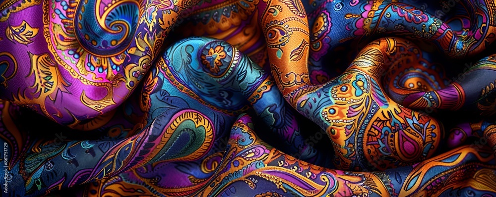 A intricate paisley pattern adorning a scarf, its swirling lines and vibrant colors mesmerizing the eye. A intricate paisley pattern adorning a scarf, its swirling lines and vibrant colors mesmerizing the eye.