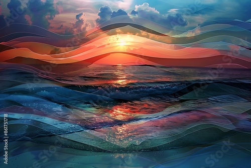 A waveform made of the layers of colors in a sunset over the ocean