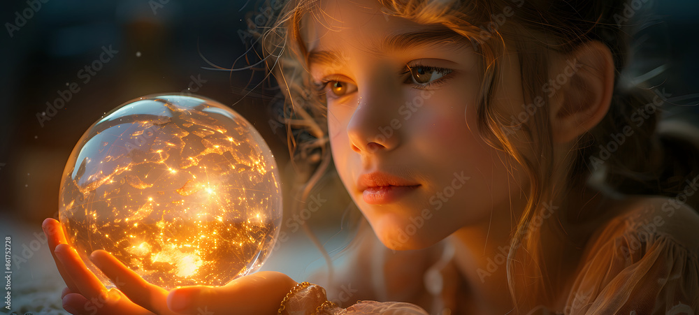 Little girl with magic crystal ball. Christmas and New Year concept. Little girl with magic crystal ball. Christmas and New Year concept.