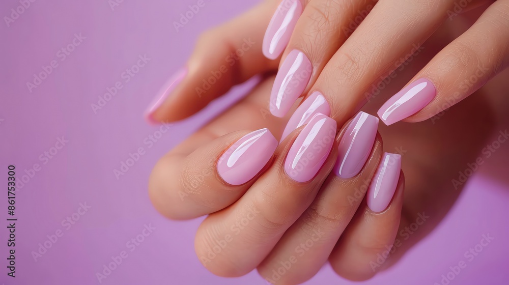 Semi-close-up of a young woman showing her nails, pastel purple background, high detail on nails and skin, ample copy space
