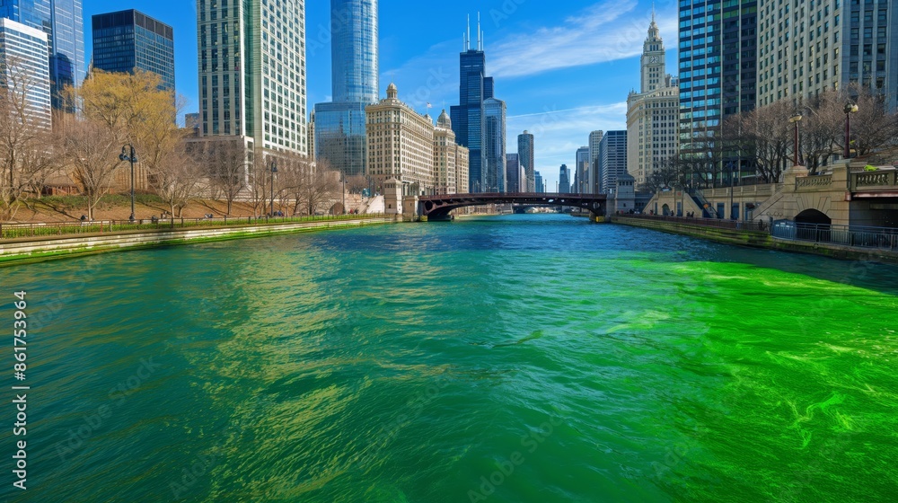 Fototapeta premium The Chicago River is dyed green, set against the backdrop of the city's skyline, celebrating Saint Patrick's Day in an iconic and festive manner.