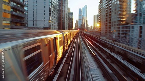 The metallic train s through the concrete jungle bringing life to the city. photo