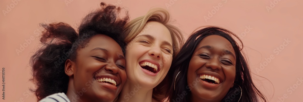 Fototapeta premium Three friends laugh and share an intimate moment, symbolizing strong bonds, joy, and companionship. The setting is casual and emotional, focusing on friendship.
