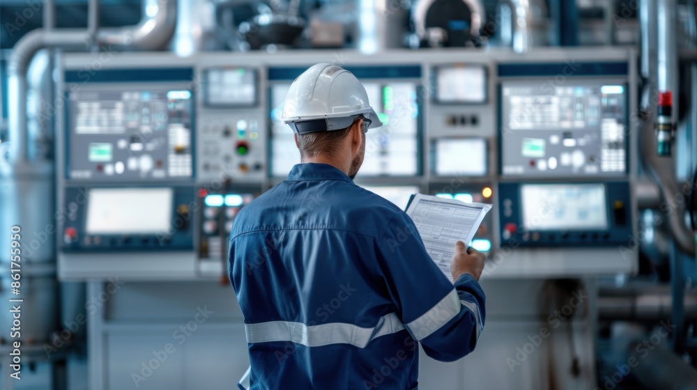 An engineer reading reports in a control room filled with monitors and industrial equipment. Perfect for depicting detailed engineering work and data analysis. An engineer reading reports in a control room filled with monitors and industrial equipment. Perfect for depicting detailed engineering work and data analysis.