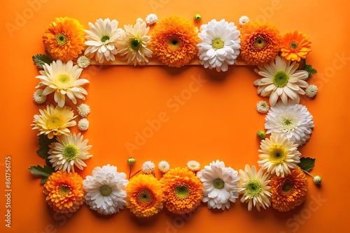 A frame made of orange and white flowers on a orange background