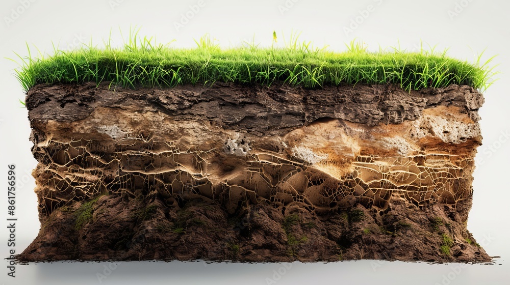 cubical cross section with underground earth soil and green grass on ...