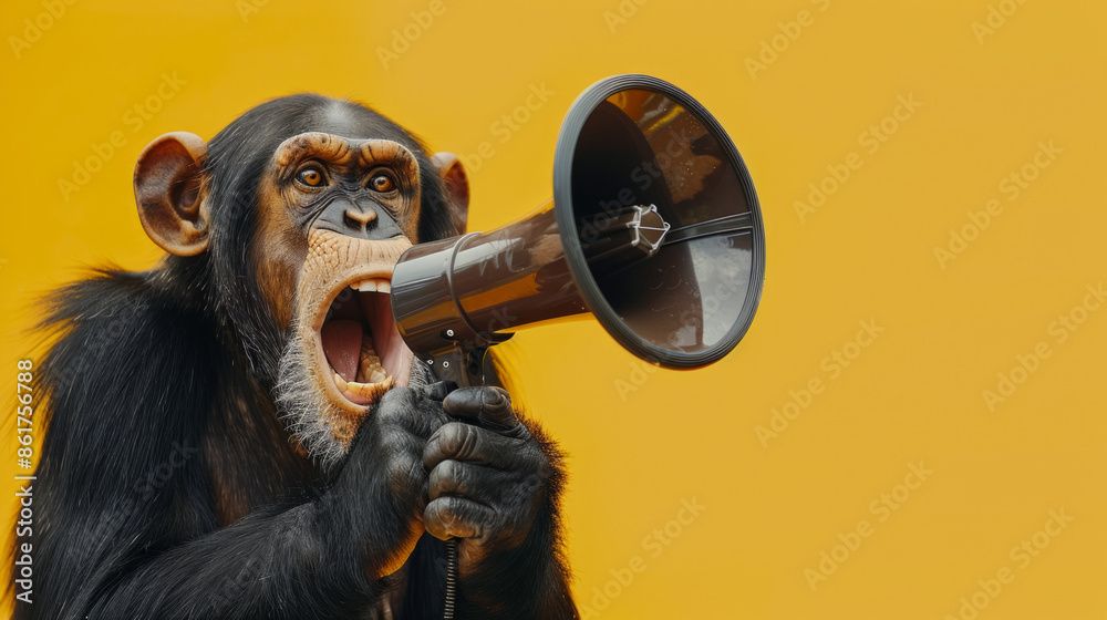 Fototapeta premium Whimsical Monkey with Megaphone - Energetic Monkey Shouting into Megaphone on Vivid Yellow Background