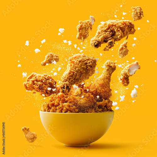 An epic stylized advertise photo of fried chicken from a bowl, set against a yellow background.