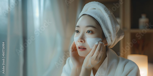 Asian Woman Applying Facial Mask in Bedroom for Skincare Routine, Beauty Treatment Concept