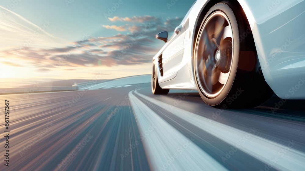 High-definition close-up of a luxury car accelerating on an open road, wide-angle lens capturing the speed and elegance, reflections and motion blur in the background High-definition close-up of a luxury car accelerating on an open road, wide-angle lens capturing the speed and elegance, reflections and motion blur in the background