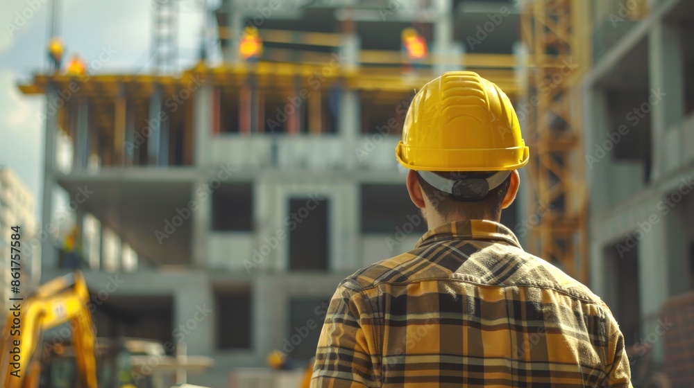 Construction worker in a hard hat in front of building under construction Construction worker in a hard hat in front of building under construction