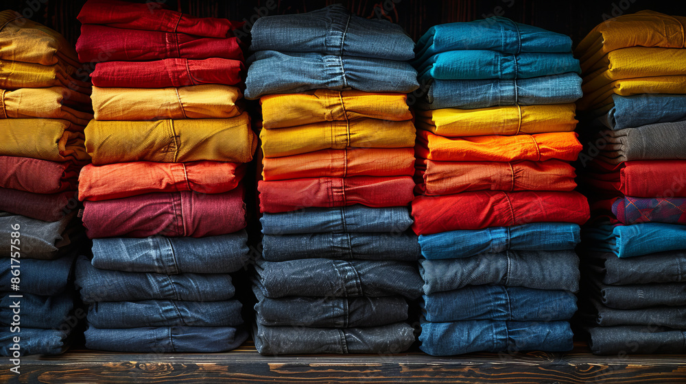 many folded T-shirts, view from the top, solid background,generative ai many folded T-shirts, view from the top, solid background,generative ai