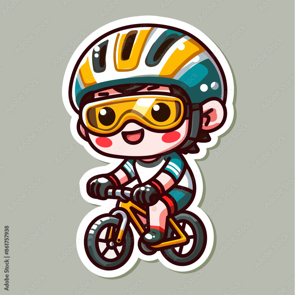 Obraz premium Sticker of cute bike riding player, tiny Sport man cycling, Isolated on colored background, flat vector illustration.