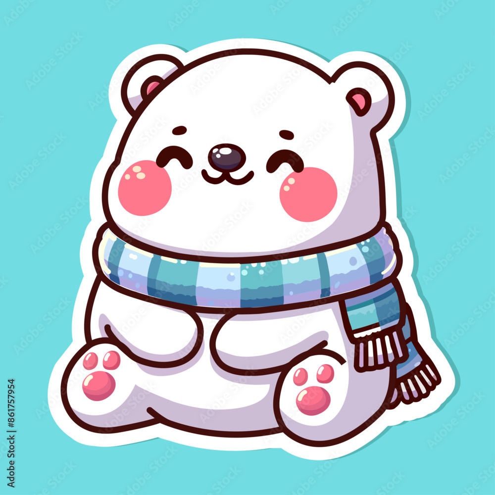 Sticker of cute Polar bear, tiny small wild animal wearing a winter scarf, Isolated on colored background, flat vector illustration Sticker of cute Polar bear, tiny small wild animal wearing a winter scarf, Isolated on colored background, flat vector illustration
