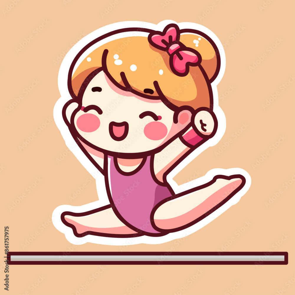 Fototapeta premium Sticker of cute Gymnastics girl, tiny Sport blond girl jump over the gymnastic board, Isolated on colored background, flat vector illustration.