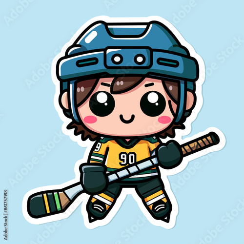 Sticker of cute Hockey player, tiny Sport man skates and plays hockey, Isolated on colored background, flat vector illustration.