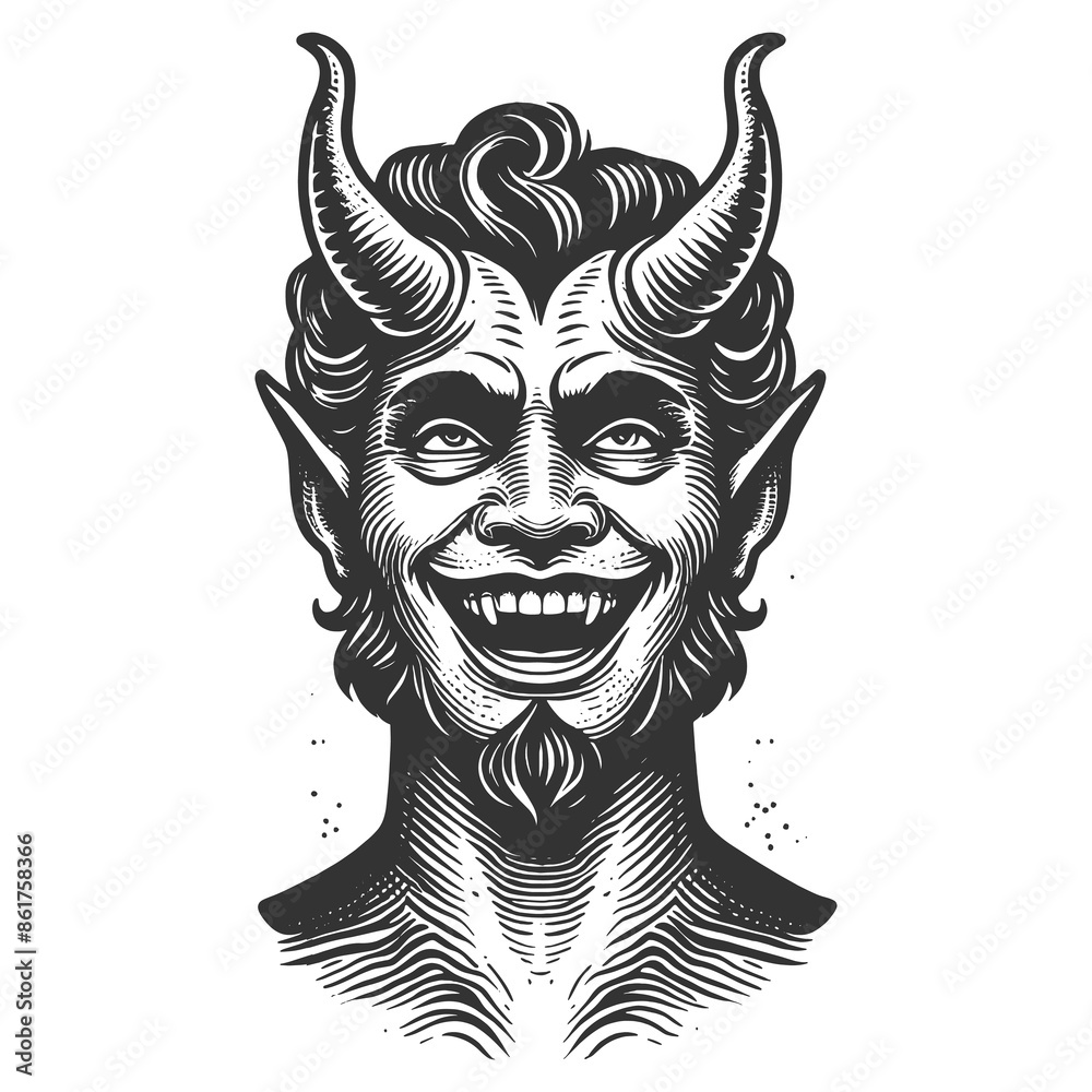 Devil devilish figure smiling with horns and a mischievous expression sketch engraving generative ai fictional character raster illustration. Scratch board imitation. Black and white image. Devil devilish figure smiling with horns and a mischievous expression sketch engraving generative ai fictional character raster illustration. Scratch board imitation. Black and white image.