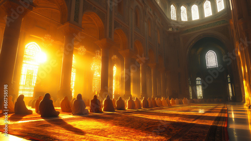 muslim men praying in beautiful mosque in a beautiful landscape . Generative AI