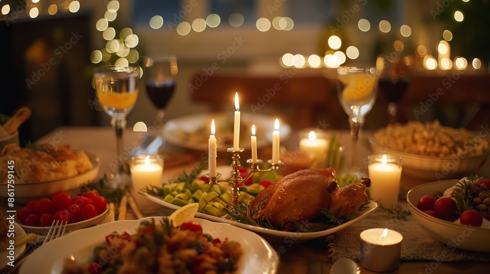 A warmly lit dining table adorned with candles, wine glasses, and a variety of delightful dishes, indicating a holiday feast with family and friends. A warmly lit dining table adorned with candles, wine glasses, and a variety of delightful dishes, indicating a holiday feast with family and friends.