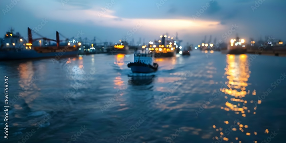 Fototapeta premium Illuminated Port City at Night Sea Lanterns and Maritime Activity. Concept Night Photography, Urban Landscape, Sea Lanterns, Maritime Activity, Port City