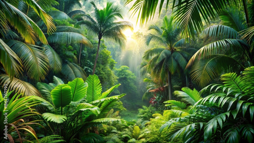 Obraz premium Sunlight Through Lush Tropical Rainforest Canopy