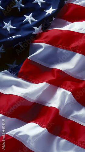 A image of the United States flag, featuring alternating red and white stripes with a blue. Generative AI