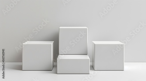 Minimalist white cubes arranged in three different heights against a plain background, ideal for modern design concepts and abstract art. photo