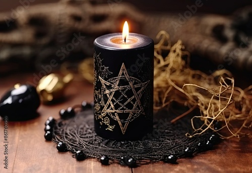 Black candle with pentagram photo