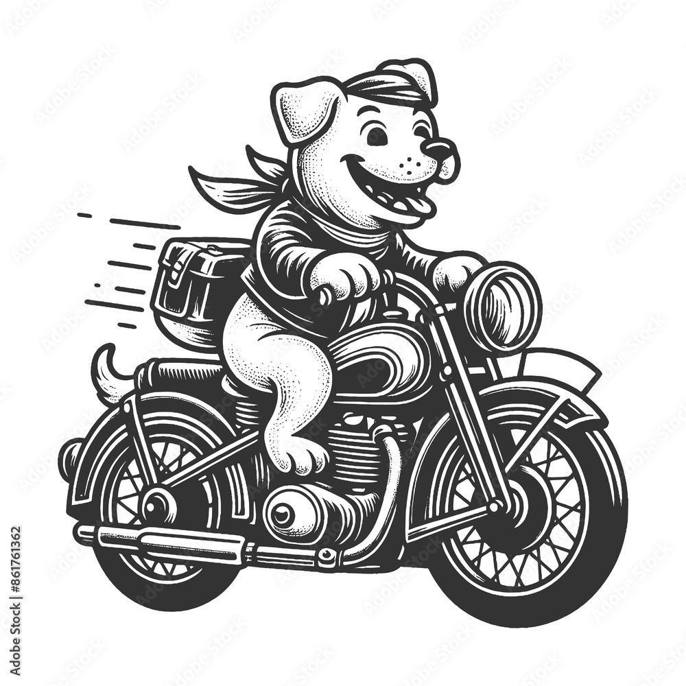 cheerful dog puppy riding a motorcycle, exuding adventure and fun sketch engraving generative ai fictional character raster illustration. Scratch board imitation. Black and white image. cheerful dog puppy riding a motorcycle, exuding adventure and fun sketch engraving generative ai fictional character raster illustration. Scratch board imitation. Black and white image.