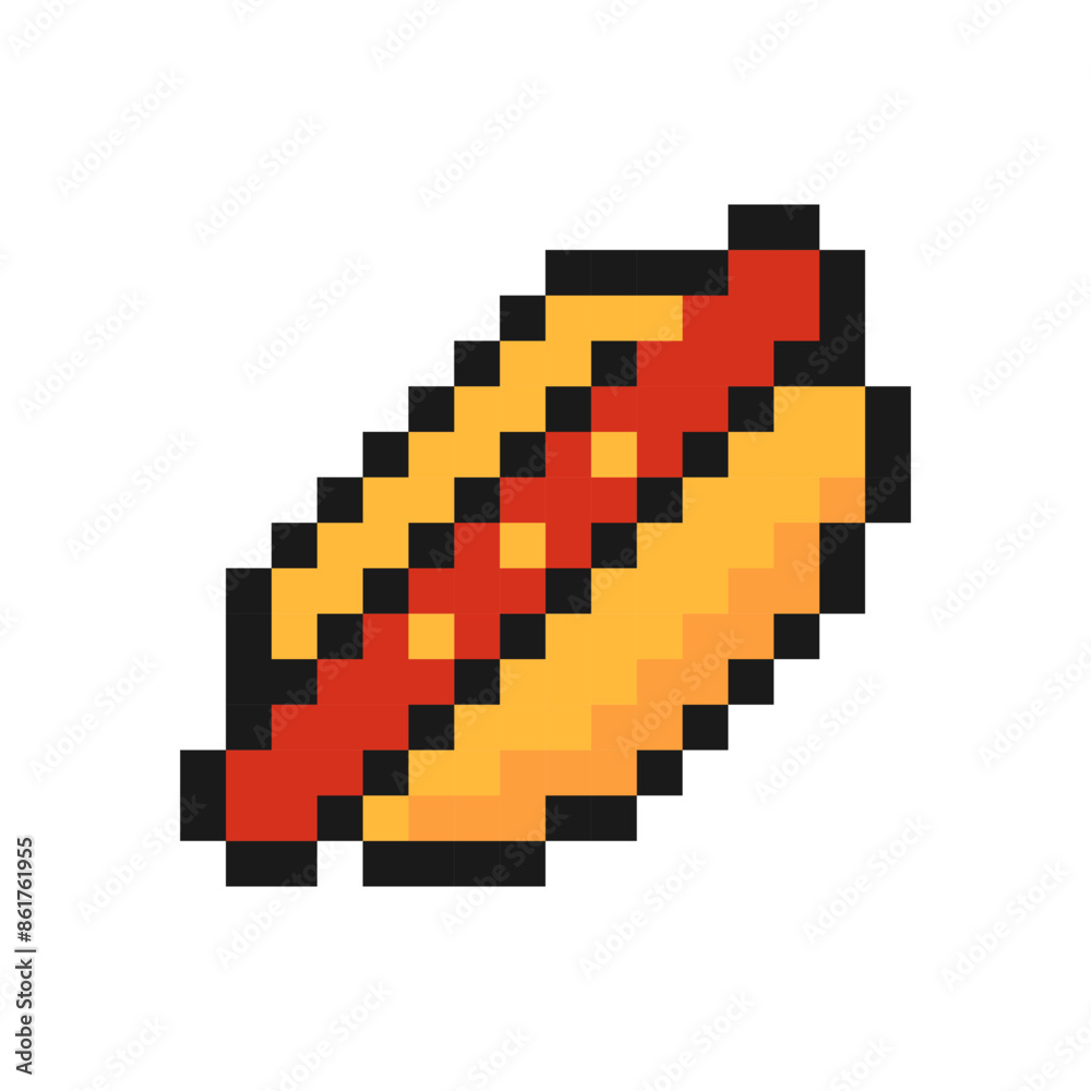 Fototapeta premium Pixel hot dog icon. Appetizing snack bun with sausage and ketchup with mustard for delicious food and game vector design