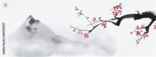 Ink painting of cherry blossom branch and misty mountains. Traditional oriental ink painting sumi-e, u-sin, go-hua. Hieroglyph - clarity.