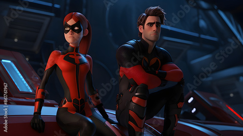 Superheroes in Red and Black Costumes Ready for Action