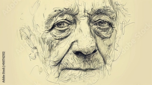 The image is a pencil drawing of an old man. The man has a lined face and a long beard. He is wearing a hat and looking at the viewer with a sad expression. photo