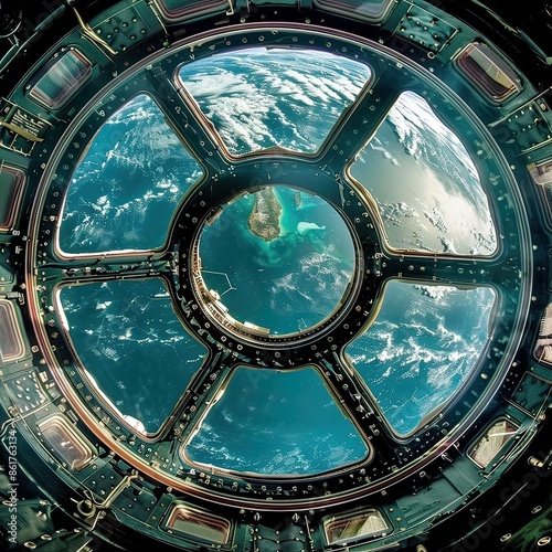 A beautiful view of the earth seen through a round window photo