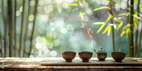 Japanese Tea Ceremony in a Tea House Amidst a Bamboo Garden. Concept Japanese Culture, Tea Ceremony, Bamboo Garden, Traditional Tea House photo