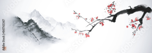Ink painting of cherry blossom branch and misty mountains. Traditional oriental ink painting sumi-e, u-sin, go-hua. Hieroglyph - clarity.