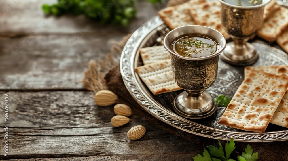 Matzo pieces and ornate wine cups sit elegantly on a silver tray, adorned with almonds and fresh herbs, placed on a rustic wooden surface. Matzo pieces and ornate wine cups sit elegantly on a silver tray, adorned with almonds and fresh herbs, placed on a rustic wooden surface.