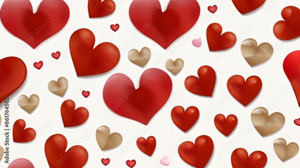 Ilustration many red Valentine's day hearts falling on white background.