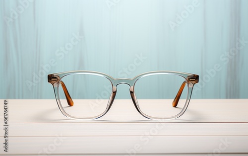 Minimalist Eyeglasses on White Desk with Copy Space for Text - Realistic Photography of Clean, Intellectual Eyewear