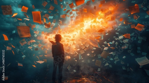 English letters and documents encircling a human silhouette as they float. photo