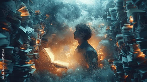 A human silhouette amidst floating English letters and documents.