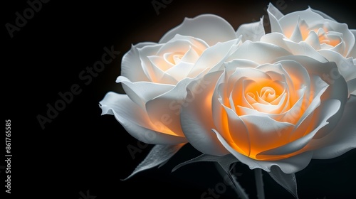 Neon roses in shades of white and yellow, illuminated against a dark background, their luminous petals creating a striking visual contrast photo