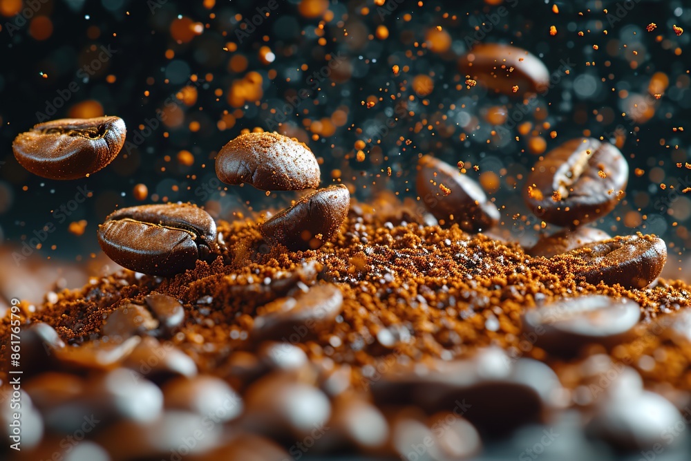 Flying coffee beans on a dark background with smoke after roasting, an advertising photo of a coffee shop, banner with space for text Flying coffee beans on a dark background with smoke after roasting, an advertising photo of a coffee shop, banner with space for text