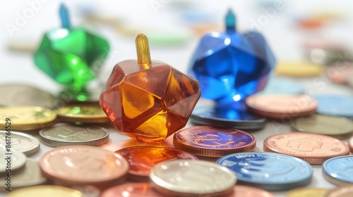 Vibrant dreidels are depicted spinning amidst a spread of various coins, evoking themes of tradition and festivity, in a celebratory atmosphere. photo