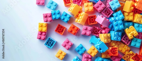 An assortment of colorful plastic building blocks scattered on a white surface, play and creativity concept