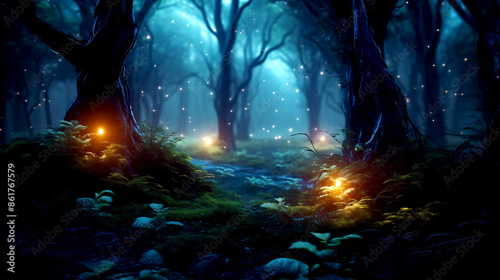 Mystical magical forest at night with glowing lights