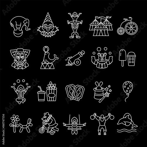 Circus, white line icons. Icons of circus tricks, animals, and clowns. entertainment and performance themes. Symbols on black background. Editable stroke.