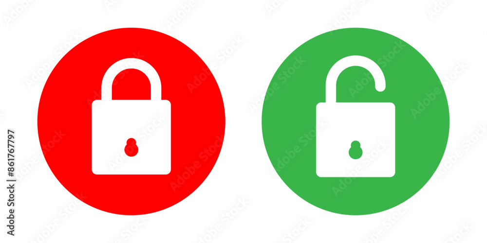 Lock and unlock icon set in red and green circle in square style for user interface design elements. Lock icon collection. Locked and unlocked icon set. Flat security symbol. Vector Icon. Lock and unlock icon set in red and green circle in square style for user interface design elements. Lock icon collection. Locked and unlocked icon set. Flat security symbol. Vector Icon.